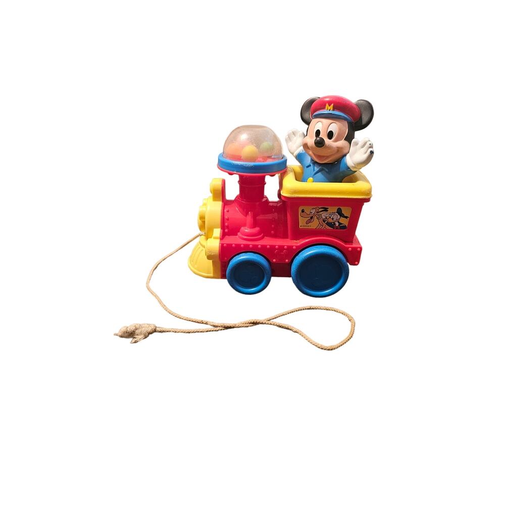Walt Disney Vintage Blue Kids Mickey Mouse Pop Ball‎ Train Pull Toy 7" Length